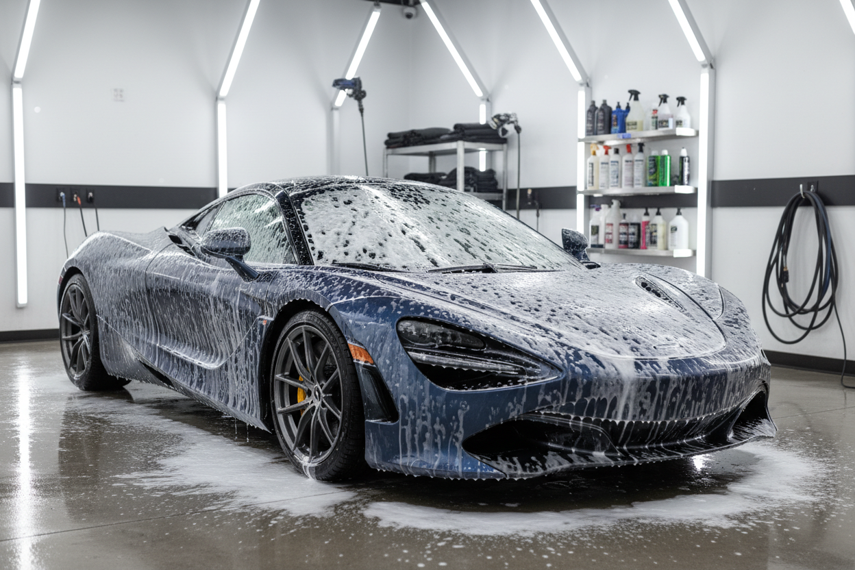 a car getting washed with foam on it yet waiting to get hand wash with premiun stetics