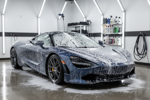 a car getting washed with foam on it yet waiting to get hand wash with premiun stetics