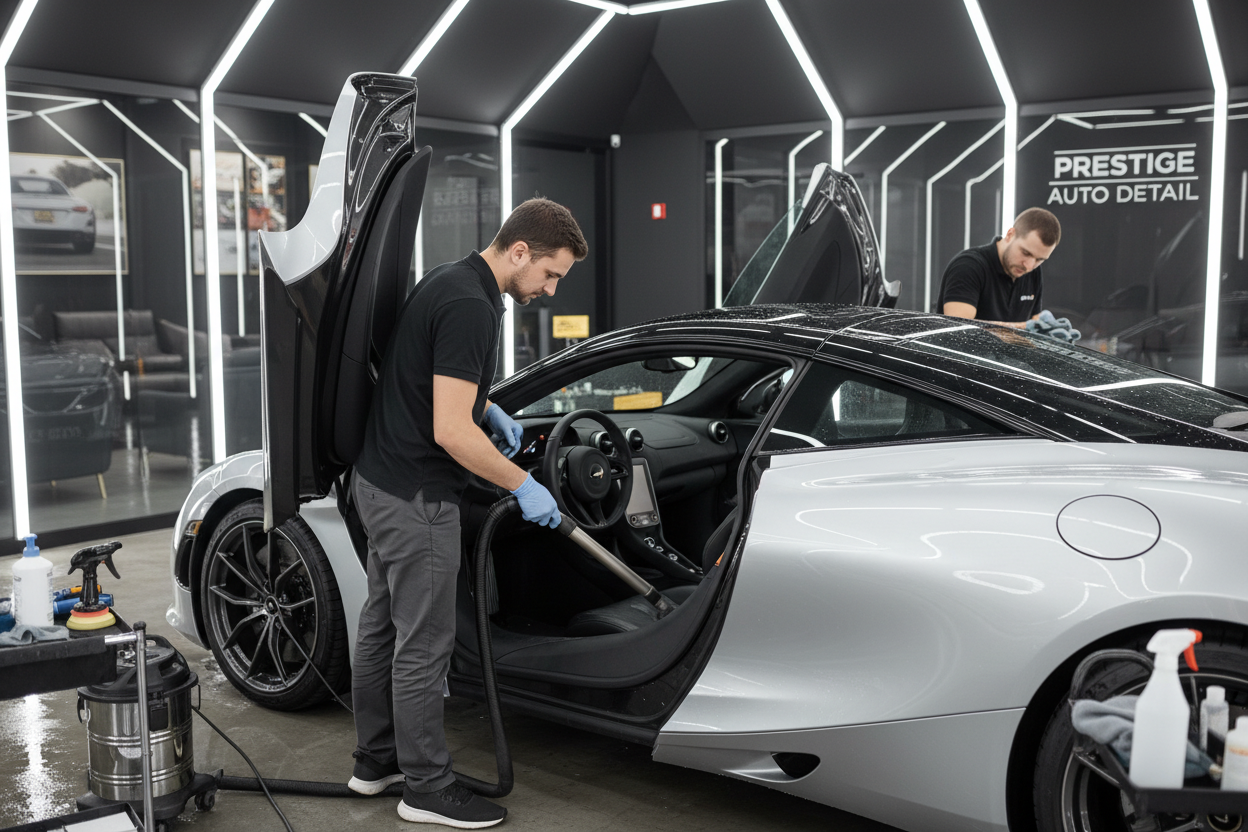 car after getting wash is being hoover, premiun set up 
