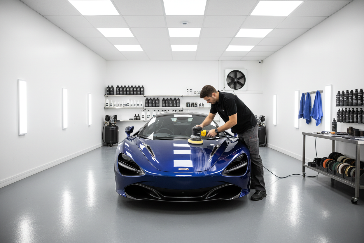 Car getting polished with a dual action machine in a prmiun set up 